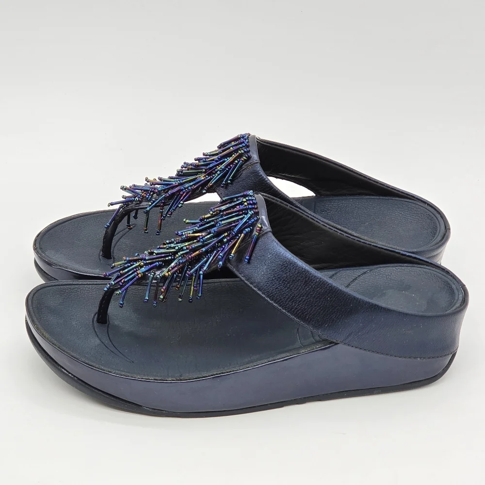 FitFlop Cha Cha Rumba Sandals Sz 8 Blue Leather Beaded Fringe Thong Platform - Picture 2 of 14